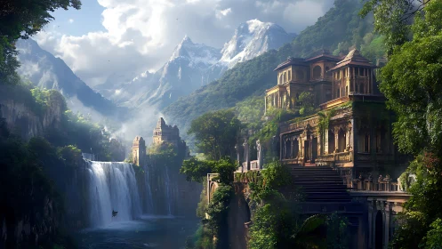 Mountain temple city overlooks waterfall-carved canyon