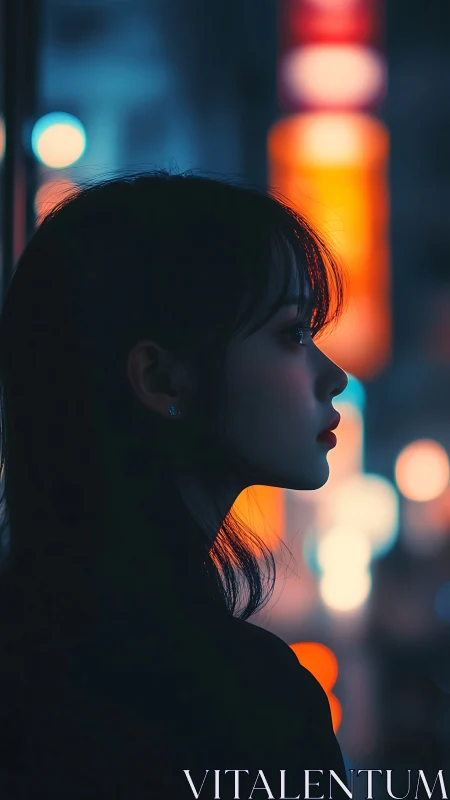 Neon-lit female profile in cinematic cyberpunk portraiture.