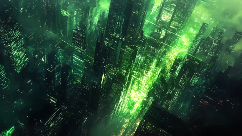 Neon faultline slicing a cyber city of emerald towers.