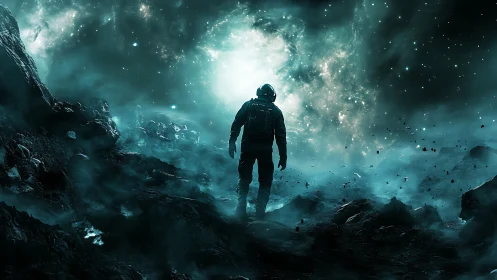 Solitary astronaut walks toward luminous cosmic rift