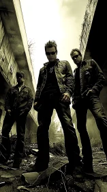 Bridge-shadow rock trio stalking the cracked concrete dawn.