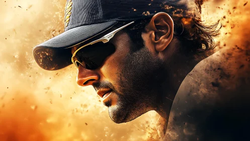 Side profile of man in cap and sunglasses amid particles.