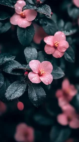 Pink petals dance in glistening rain against deep emerald foliage