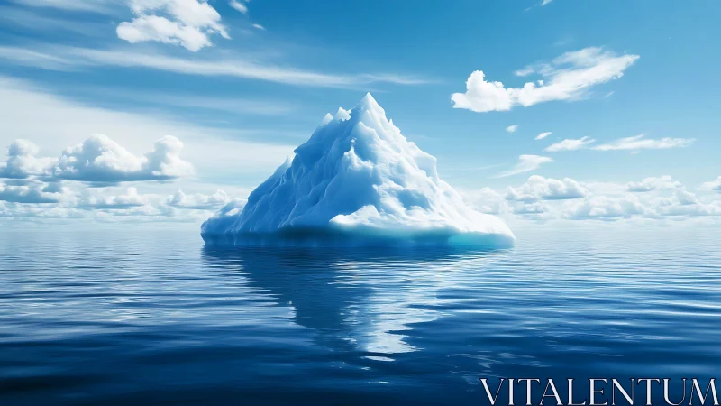 Solitary iceberg on calm reflective ocean under blue sky.