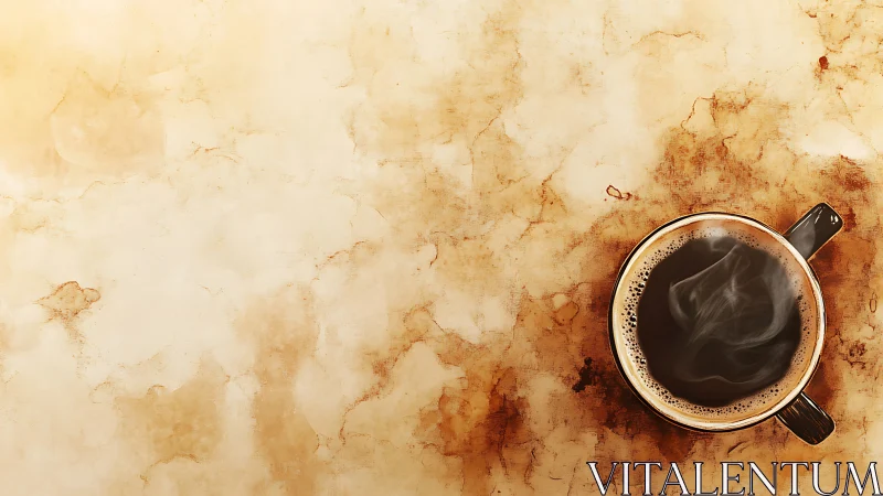 Steaming coffee cup rests on a textured stained parchment surface