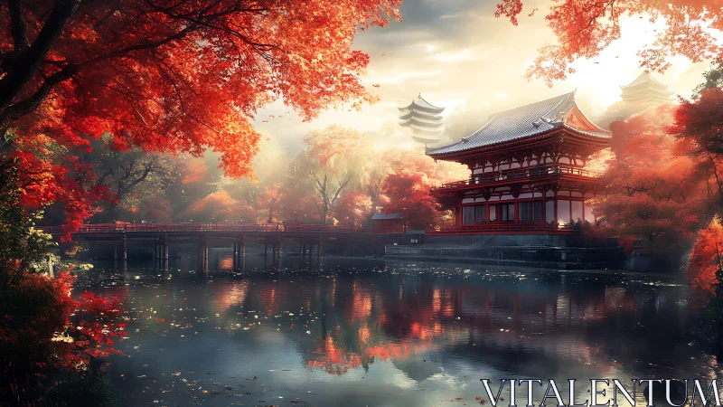 Autumn temple reflects over misty lake under glowing sunrise