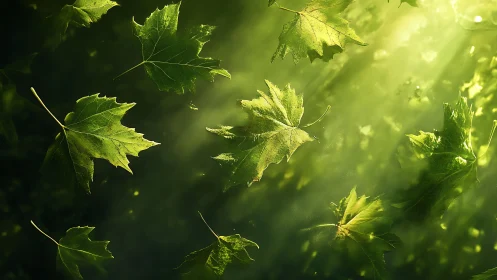 Sunlit green leaves drift gently through glowing forest air