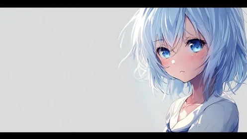Blue-eyed anime girl portrait utilizes soft lighting and space