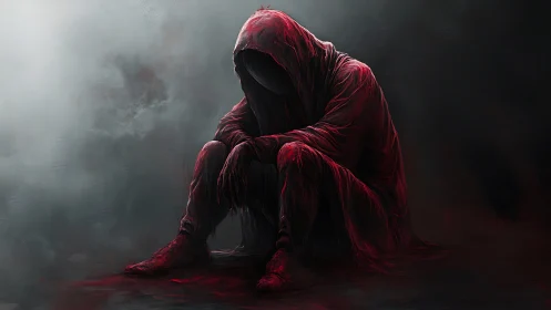 Hooded figure in red cloak sits alone in swirling digital gloom