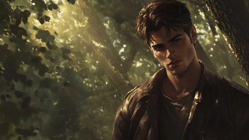 Brooding young man in sunlit forest with painterly realism.