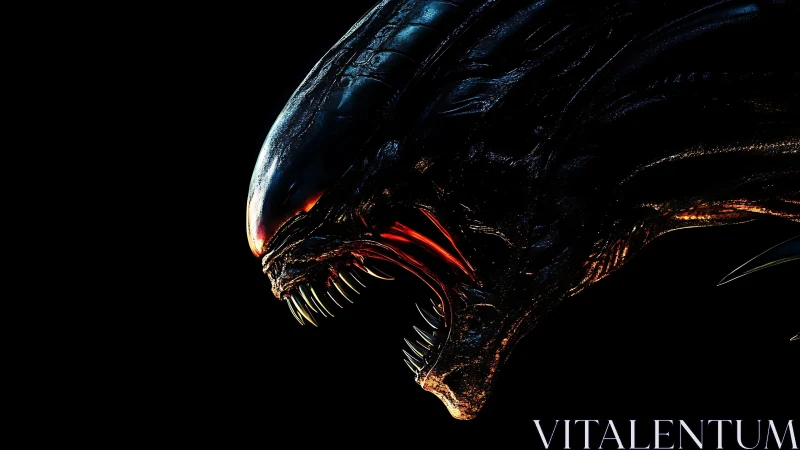 Side profile of biomechanical alien creature head in dark space.