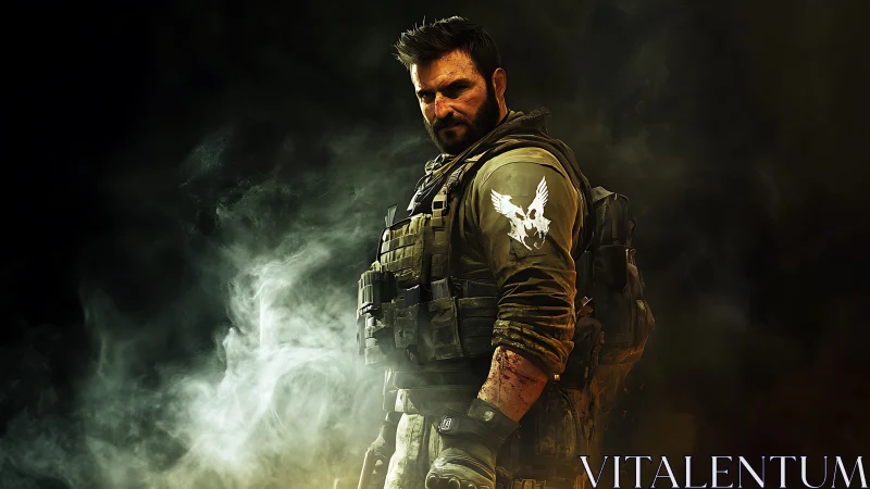 Tactical game soldier in combat gear against smoky backdrop.