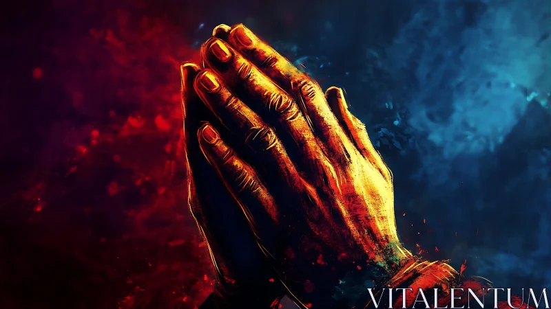 Gentle hands rest in prayerful light between fire and sky