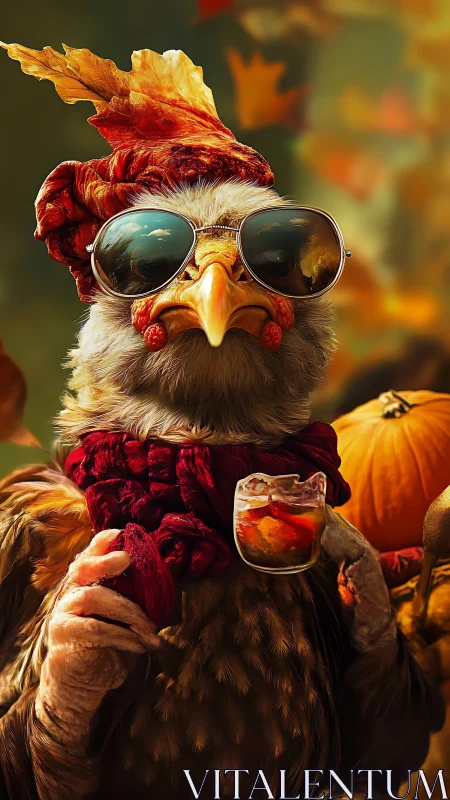 Anthropomorphic rooster figure wearing aviator sunglasses and formal attire.