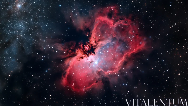 Crimson emission nebula erupting amid dense starfield.
