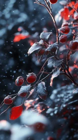 Winter berries glow softly under a gentle falling snow