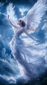 Celestial winged woman ascends through luminous night clouds