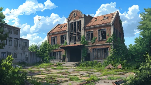 Sunlit ivy quietly reclaims a forgotten brick schoolhouse