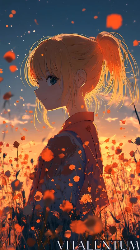 Sunset-kissed anime girl wandering through ember-bright flowers.