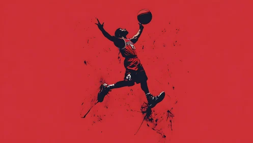 High-flying basketball dunk explodes against bold red field.
