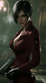 Velvet-clad spy studies the shadows with loaded patience