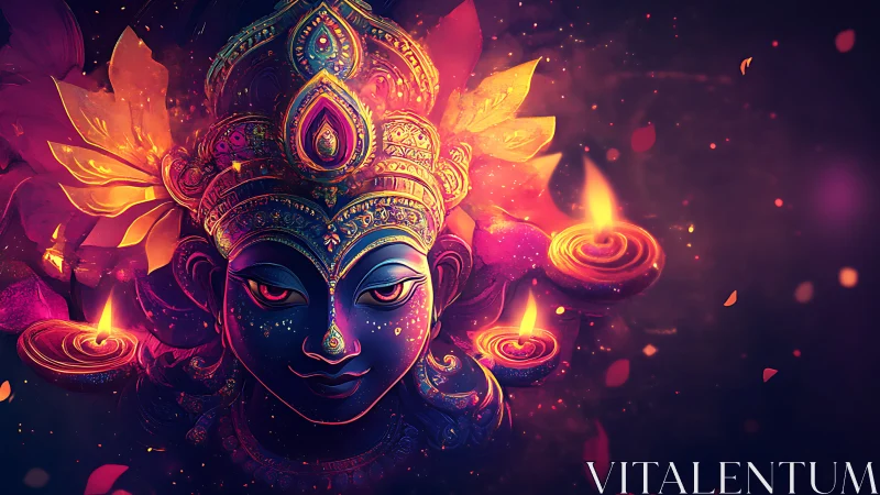 Divine blue deity portrait glows with vivid festival lamps