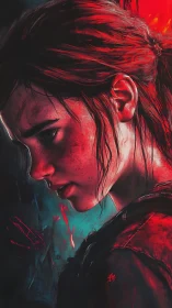 Brooding young survivor in red and teal dramatic lighting.