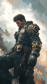 Armored sci fi warrior rendered in dynamic painterly strokes