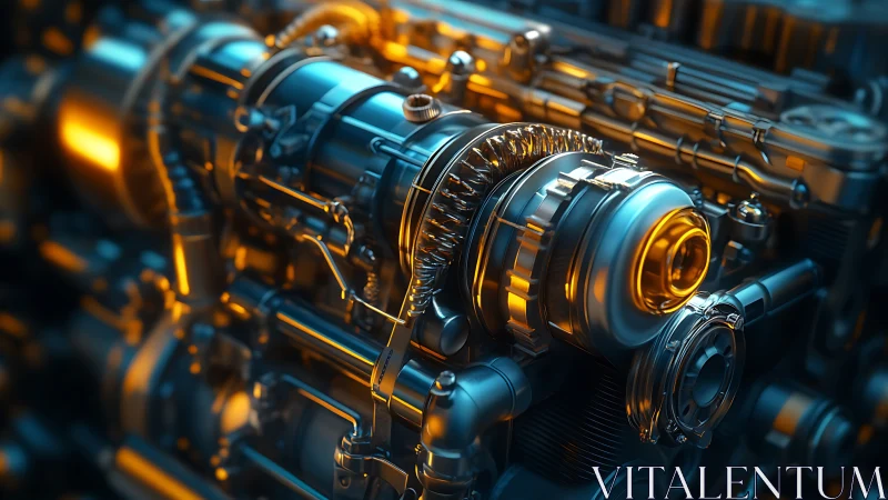 Detailed metallic turbocharger assembly in close-up view.