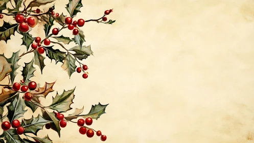Holly berries dancing on warm vintage holiday parchment.