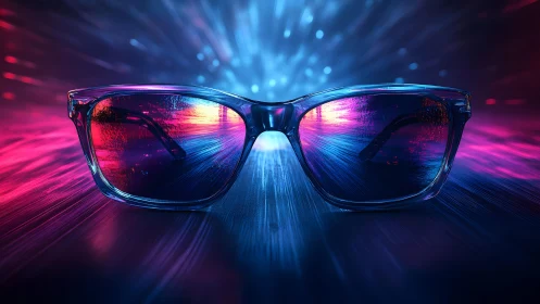 Stylish sunglasses with vibrant neon reflections in futuristic setting.