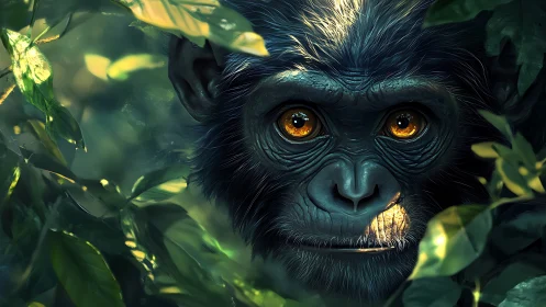 Primate portrait with luminous amber eyes in dense foliage.