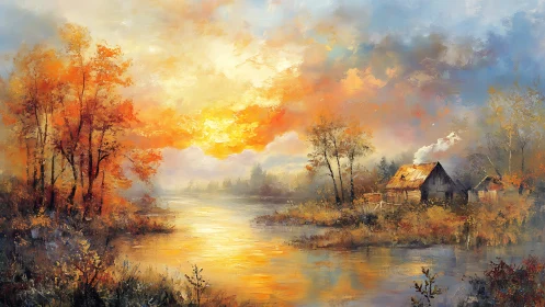 Golden autumn river glows beside a peaceful rustic cottage