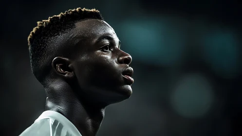 Side profile of football player under stadium floodlights.