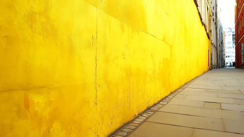 Sunlit yellow alleyway stretching toward a distant city glow.