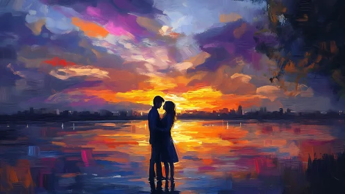 Silhouetted Couple Embracing Before Dramatic Sunset Seascape.