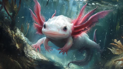 Underwater axolotl with pink gills in aquatic habitat.