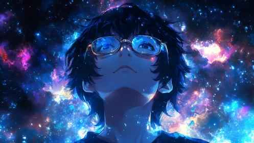 Young person in glasses against vivid cosmic backdrop.