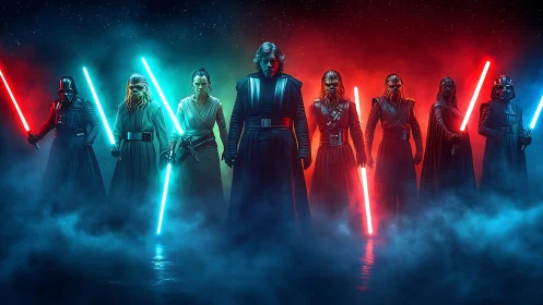 Star Wars inspired characters with lightsabers in mist.