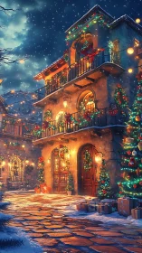 Snowy Christmas courtyard glowing with cozy lantern lights.