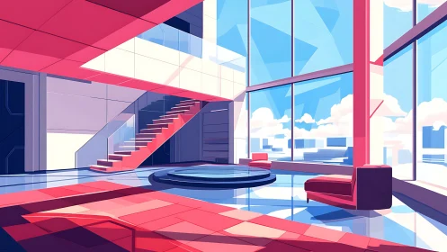 Modern Architectural Interior: Geometric Staircase with Luminous Open Atrium Space