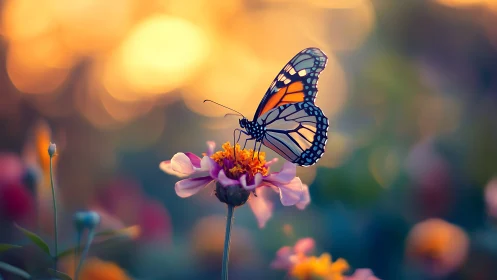 Gentle butterfly resting on a glowing sunset garden bloom.