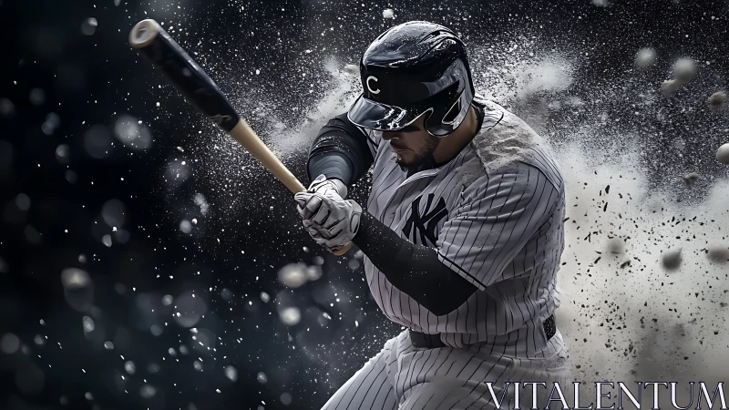 Baseball hitter powers through exploding infield dirt impact.