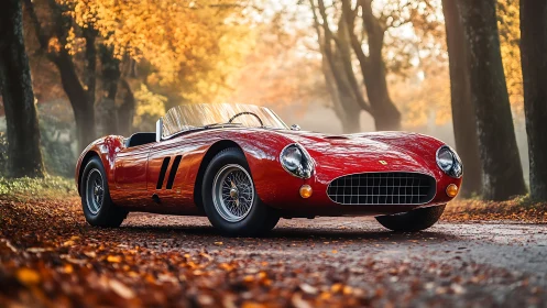 Scarlet vintage roadster under glowing autumn canopy.
