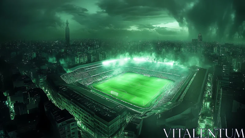 Nighttime city football stadium under eerie green lights.