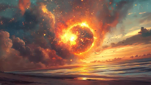 Fiery celestial sphere ignites stormy horizon at sunset.