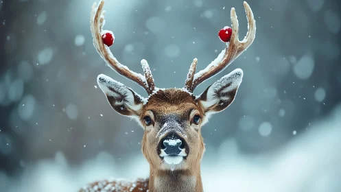 Snow-covered deer with decorated antlers in winter scene.
