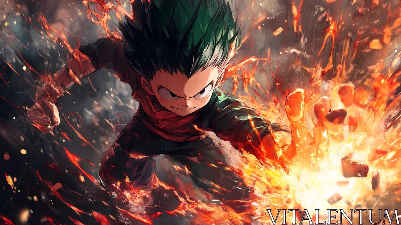 Flame-charged young hero punches open a molten corridor