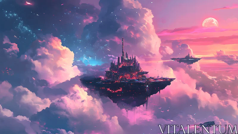 Neon-Lit Floating Citadel amid Chromatic Cloud Nebulae.