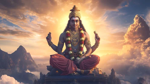 Deity figure sits cross-legged above clouds at glowing sunset